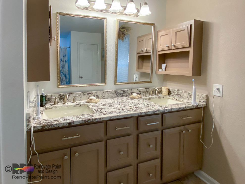 Photo of a medium sized traditional ensuite bathroom in Austin with recessed-panel cabinets, beige cabinets, beige tiles, beige walls, a submerged sink, quartz worktops, multi-coloured worktops, double sinks and a built in vanity unit.