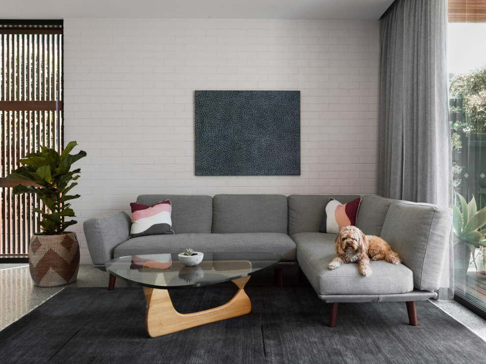 This is an example of a contemporary living room in Sydney with white walls, concrete floors, grey floor and brick walls.