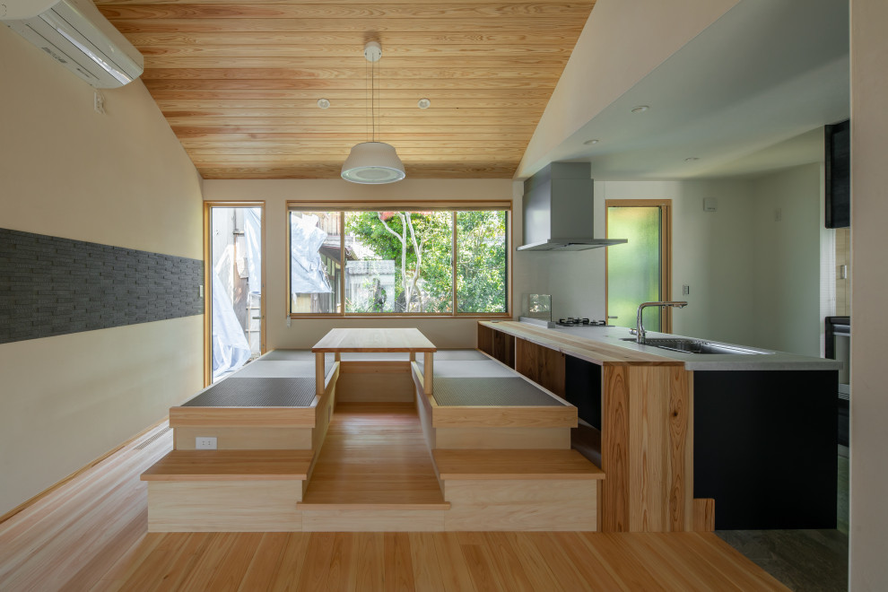 Immagine di una sala da pranzo con parquet chiaro, pavimento beige e soffitto in legno