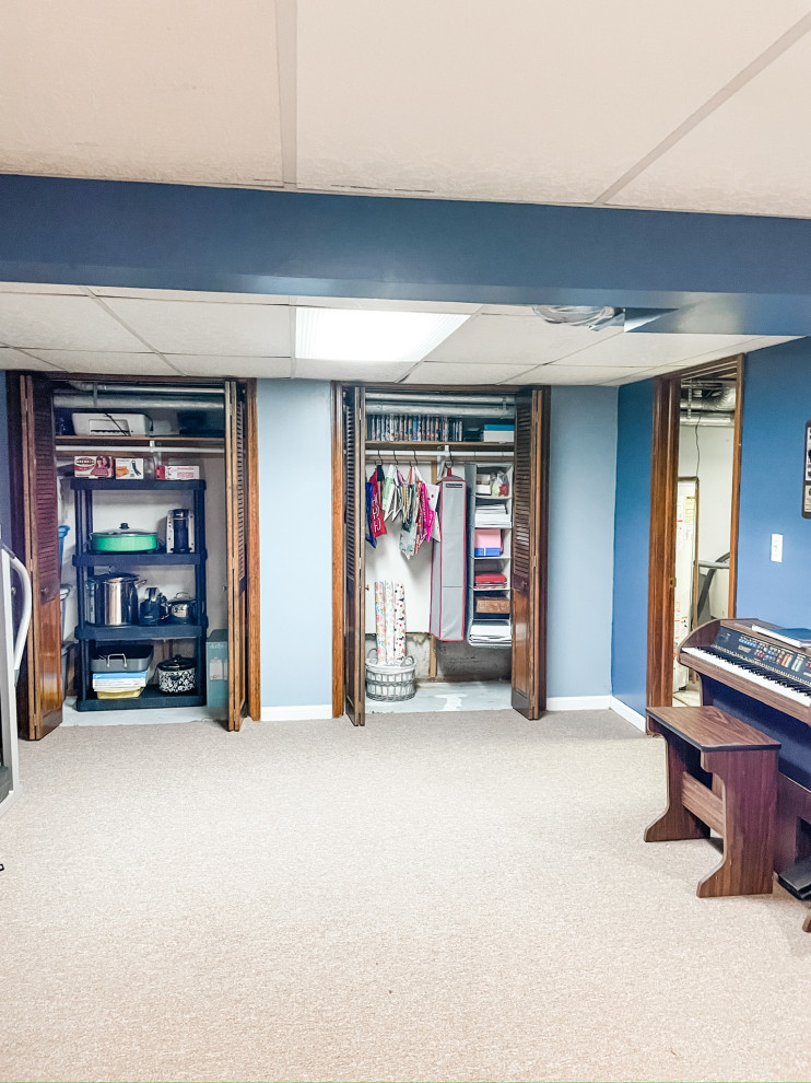 Basement with storage items organized in closets