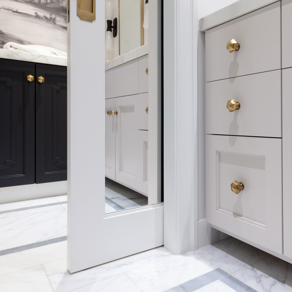 Design ideas for a mid-sized transitional master bathroom in New York with shaker cabinets, grey cabinets, a double shower, a wall-mount toilet, stone slab, white walls, marble floors, an undermount sink, engineered quartz benchtops, white floor, a hinged shower door and white benchtops.