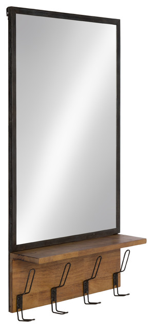 Kate And Laurel Coburn Distressed Metal Mirror With Wood Shelf And Hooks Black Rustic Bathroom Mirrors By Uniek Inc