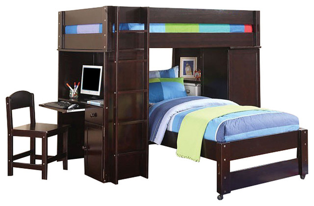 All In 1 Wenge Finish Twin Over Twin Size Loft Bed Bookcase Desk