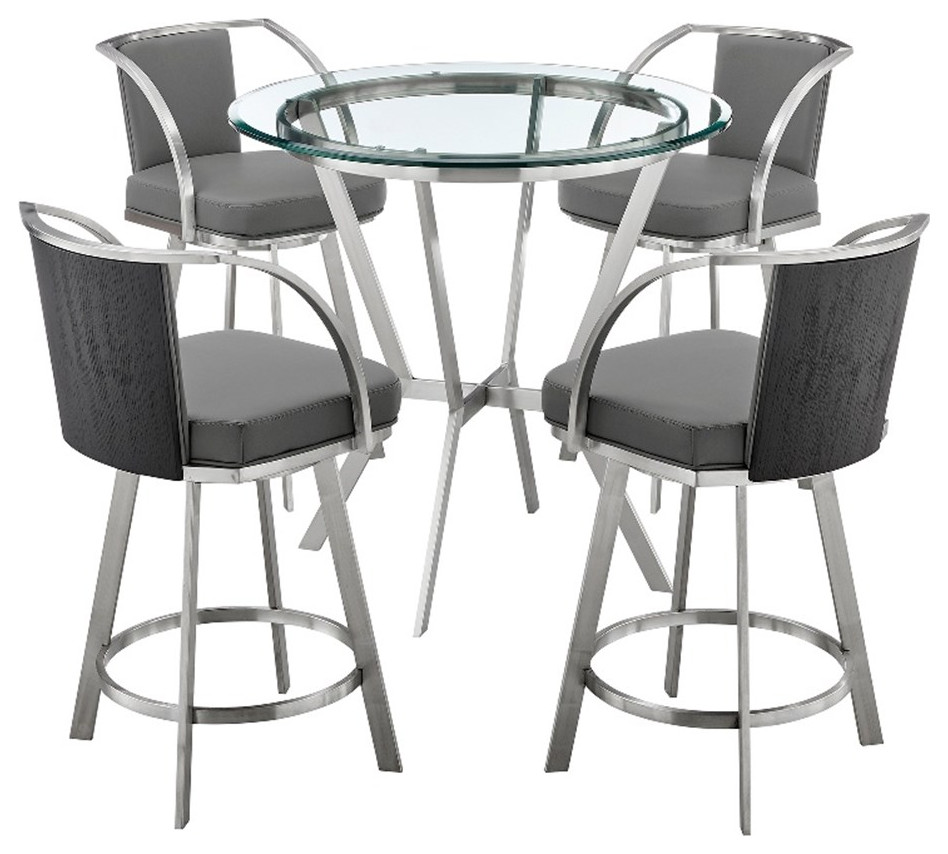 Armen Living Naomi and Livingston 5PC Stainless Steel Dining Set in Gray/Silver