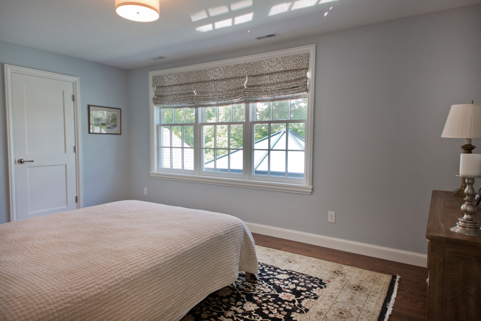 Свежая идея для дизайна: большая гостевая спальня (комната для гостей) в классическом стиле с синими стенами, паркетным полом среднего тона и коричневым полом - отличное фото интерьера