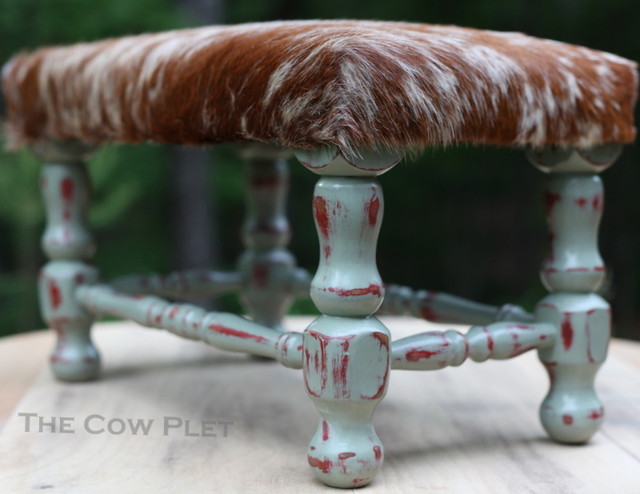 Cowhide Distressed Turned Footstool