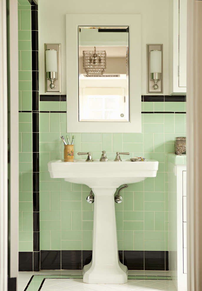 Design ideas for a traditional bathroom in Los Angeles with a pedestal sink and green tile.