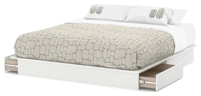 King Size Modern Platform Bed With Storage Drawers In White Finish