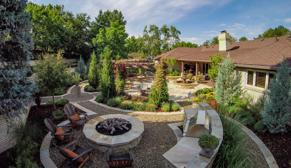 Photo of a traditional backyard formal garden in Denver with a fire feature and gravel.