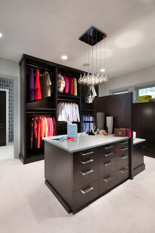 This is an example of a large contemporary walk-in wardrobe in Grand Rapids with dark wood cabinets, carpet and flat-panel cabinets.