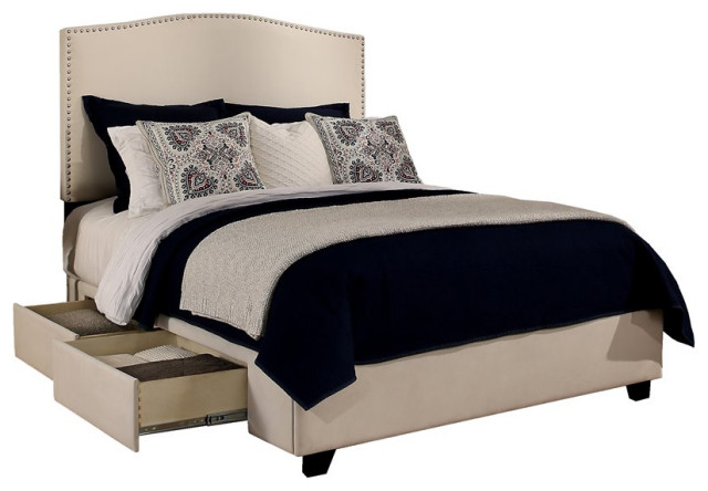 Newport Fabric Upholstered "Steel-Core" Platform Cal. King Bed/2-Drawers Ivory
