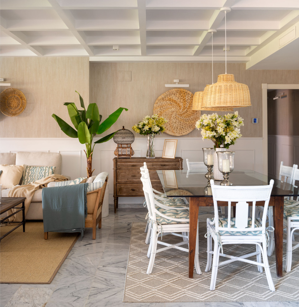 Foto de comedor tradicional renovado grande abierto con paredes beige, suelo de mármol, todas las chimeneas, suelo gris, casetón, papel pintado y alfombra