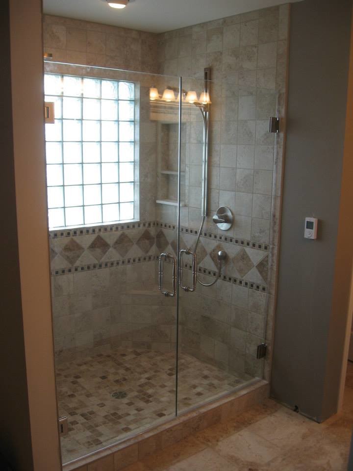Corner shower - ceramic tile corner shower idea with beige walls