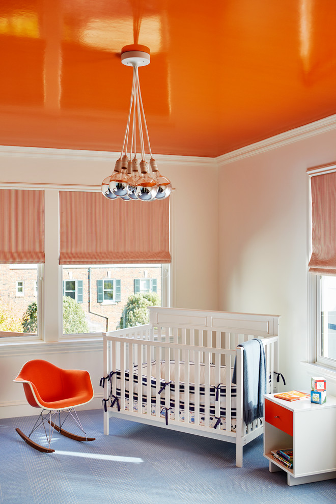 Design ideas for a mid-sized transitional gender-neutral nursery in San Francisco with blue floor.
