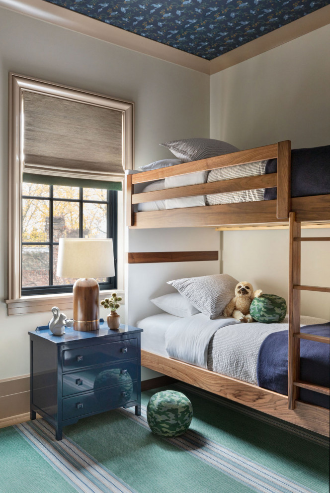 Burling - Kids' room - transitional blue floor and wallpaper ceiling kids' room idea in Chicago with beige walls