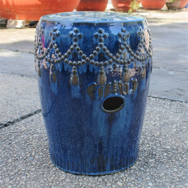Catalina Tasseled Drum Ceramic Garden Stool, Navy Blue - Traditional - Accent And Garden Stools 