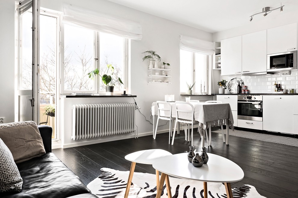 Mid-sized scandinavian kitchen in Stockholm with black floor and dark hardwood floors.