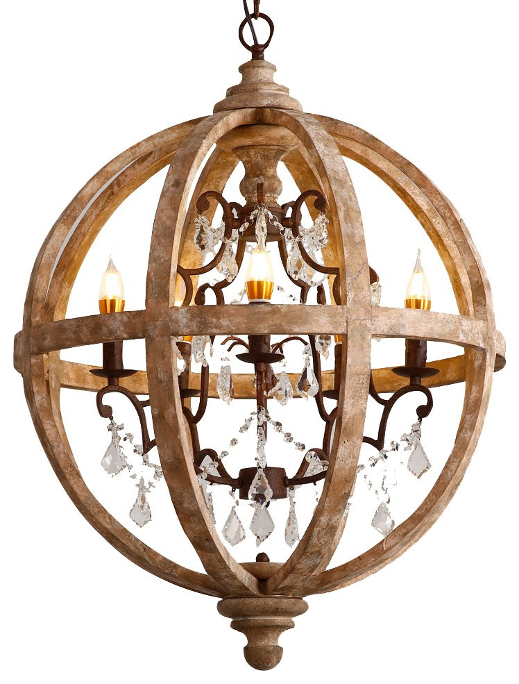 Rustic 5 Light Wooden Globe Caged Chandelier Rust Metal Scroll Crystal Pendant Farmhouse Chandeliers By Goeya Llc - Metal Cage Pendant Light With Crystals