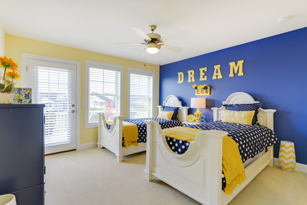 Beach style kids' bedroom in Other with blue walls and carpet for kids 4-10 years old and girls.