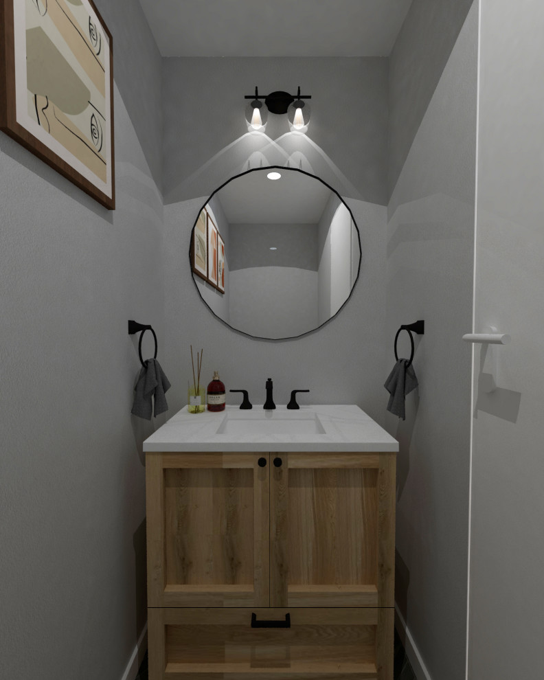 Esempio di un bagno di servizio chic con mobile bagno freestanding, ante in legno chiaro, piastrelle grigie, pareti grigie e top bianco