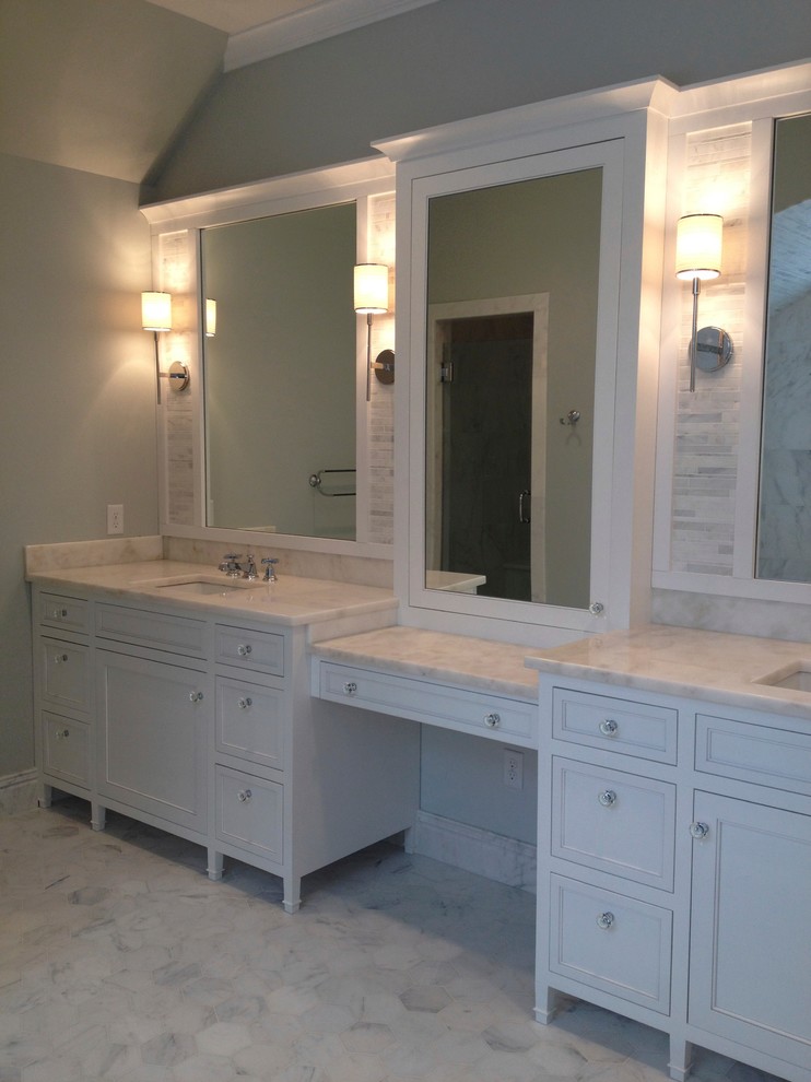 Inspiration for a mid-sized transitional master bathroom in New York with beaded inset cabinets, white cabinets, white tile, marble, grey walls, marble floors, an undermount sink, marble benchtops and white floor.