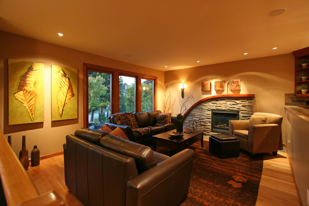 Mid-sized traditional formal open concept living room in Vancouver with beige walls, a ribbon fireplace, a stone fireplace surround and no tv.