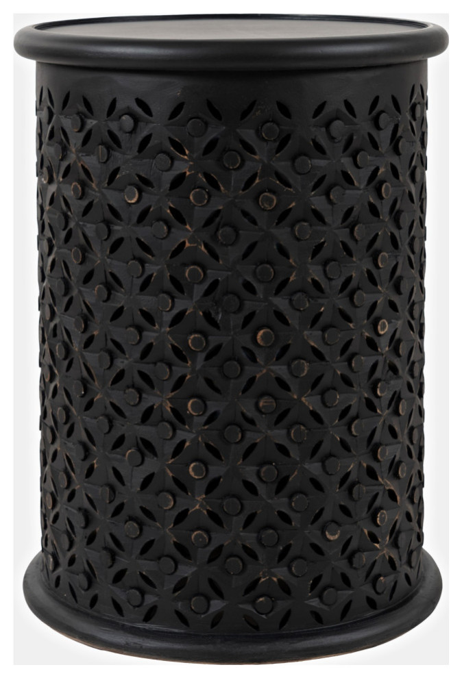 Mango Wood Handcrafted Solid Hardwood Drum Table, Antique Black Finish Set of 2 Mediterranean