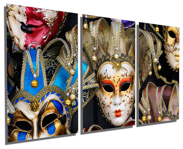 Ornate Venetian Masks, 3-Panel Metal Print Wall Art - Contemporary