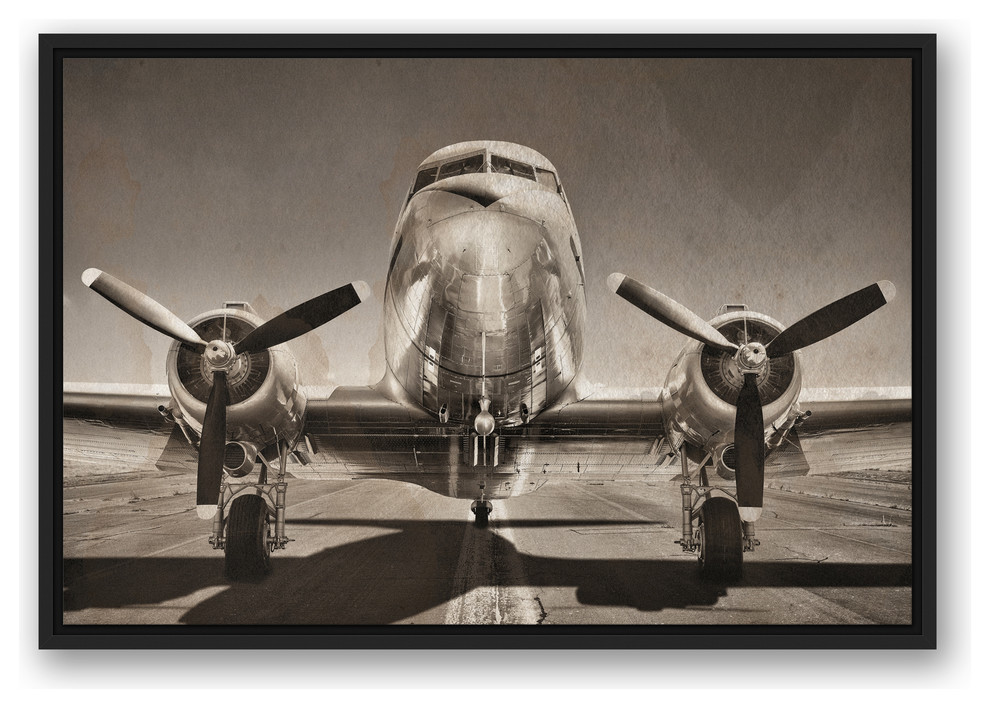 Vintage DC3 Airplane Photograph 20x30 Black Floating Framed Canvas Contemporary Prints And