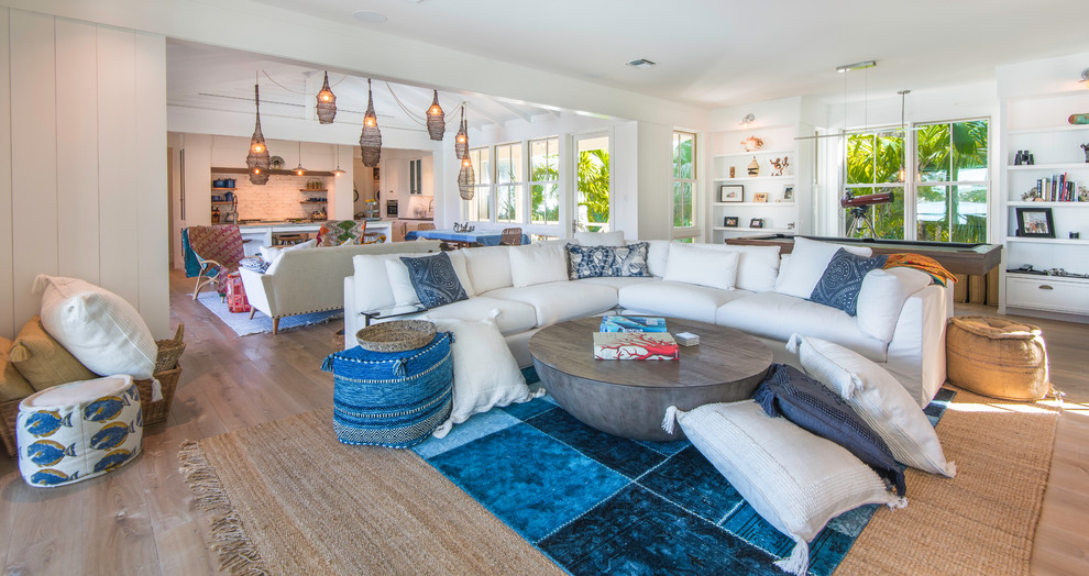 Photo of a mid-sized beach style family room in Tampa with light hardwood floors, white walls and brown floor.
