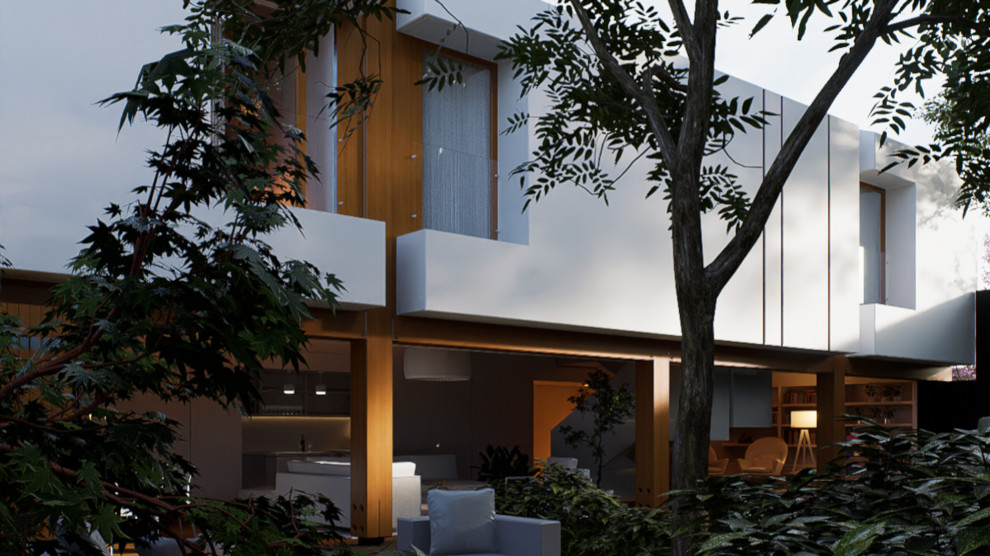 Modelo de fachada de casa blanca y blanca minimalista de tamaño medio de dos plantas con revestimiento de estuco, tejado a dos aguas, tejado de varios materiales y escaleras