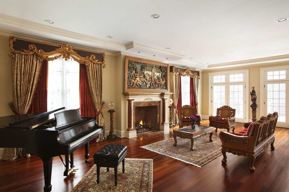 Inspiration for a traditional living room in New York with a music area and a standard fireplace.