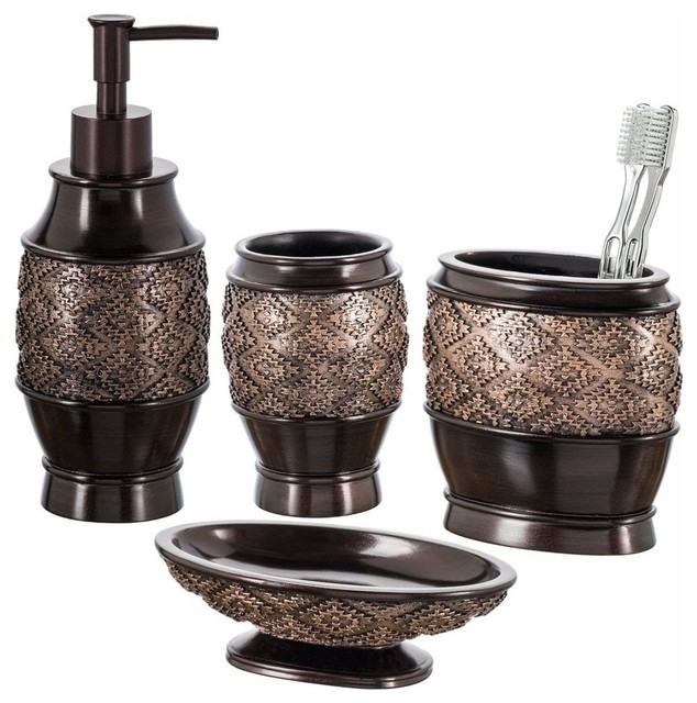 Dublin 4Piece Bathroom Accessories Set, Brown Rustic Bathroom