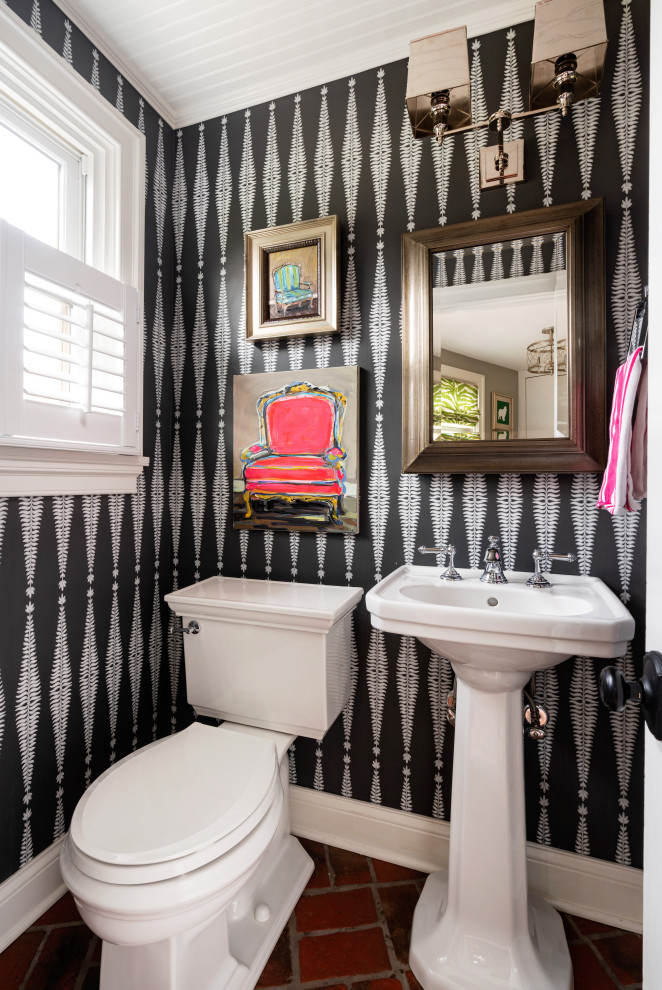 Transitional wood ceiling and wallpaper powder room photo in Philadelphia with a two-piece toilet and a pedestal sink