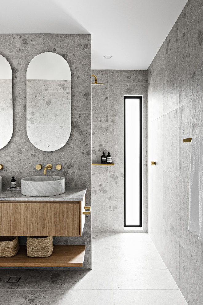 Design ideas for a large mediterranean family bathroom in Sydney with a walk-in shower, ceramic flooring, marble worktops, an open shower, grey worktops, double sinks and a floating vanity unit.