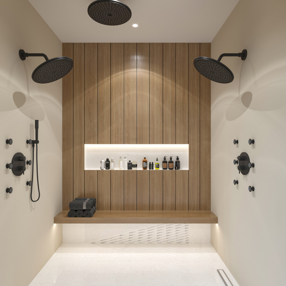 Foto på ett stort funkis vit en-suite badrum, med släta luckor, skåp i ljust trä, ett fristående badkar, en dubbeldusch, en bidé, ett undermonterad handfat, bänkskiva i kvarts och dusch med gångjärnsdörr