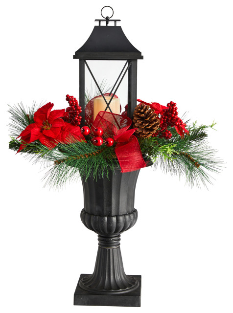 33" Holiday Xmas Berries & Poinsettia W/Large Lantern & LED Candle Set, Urn
