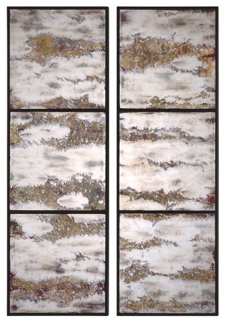 Contemporary Abstract Mirrored Wall Art Panels, Antiqued Metallic 42" Modern