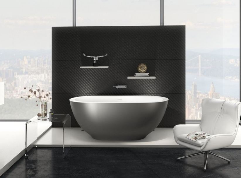 Large contemporary master bathroom in Seattle with furniture-like cabinets, white cabinets, a freestanding tub, a vessel sink and black floor.
