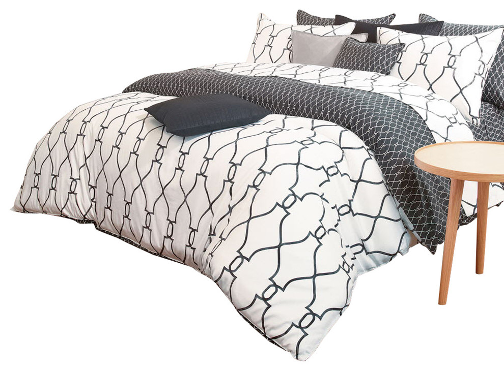 Reversible Sateen Charcoal And White Queen Duvet Cover Set