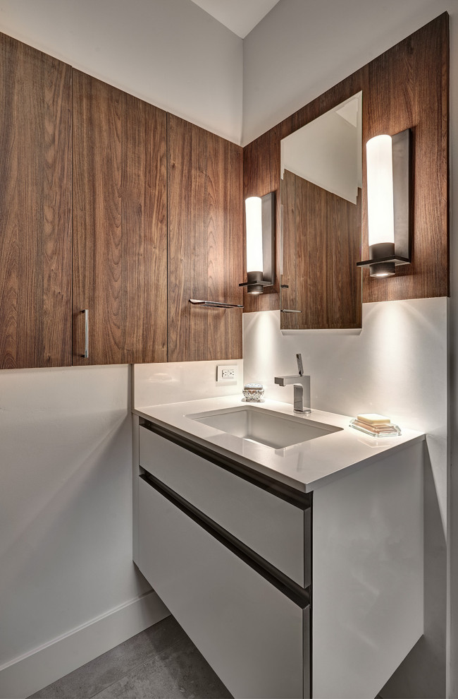Expansive 3/4 bathroom in Sacramento with flat-panel cabinets, white cabinets, wood-look tile, white walls, cement tiles, engineered quartz benchtops, white benchtops, a single vanity and a floating vanity.