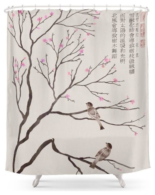 Society6 Chinese Painting Spring Birds Plum Blossom Shower Curtain