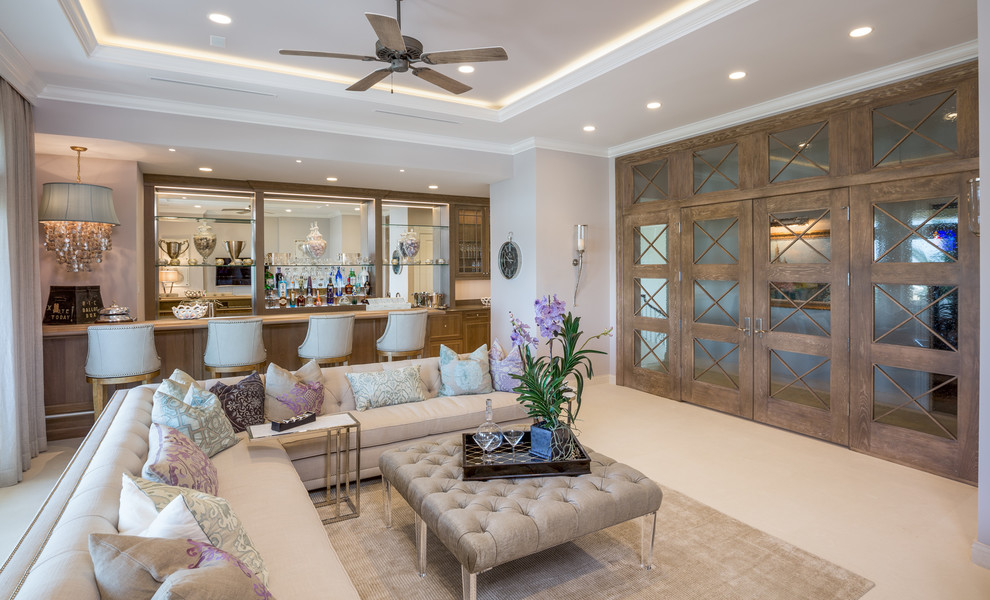 Photo of a large mediterranean enclosed living room in Other with a home bar, grey walls, travertine floors, no fireplace, a built-in media wall and beige floor.