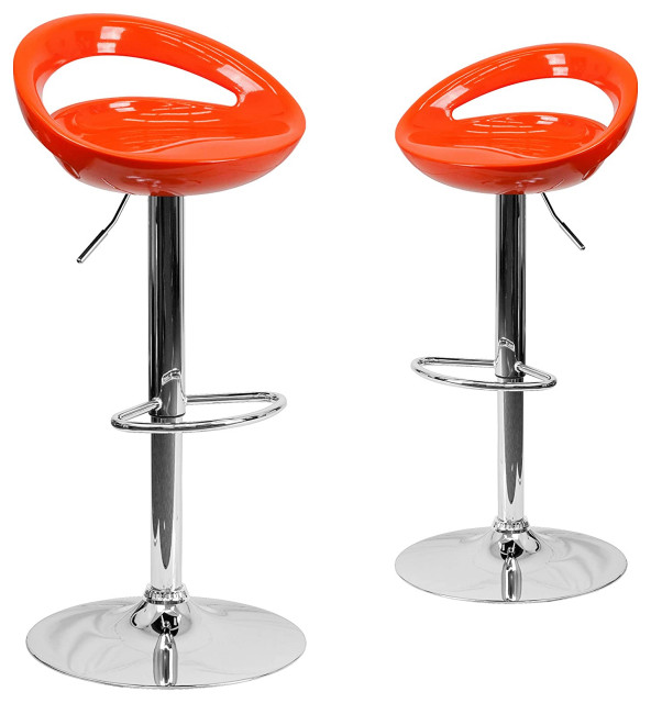 Set of 2 Contemporary Bar Stool, Plastic Seat With Rounded Cutout Back