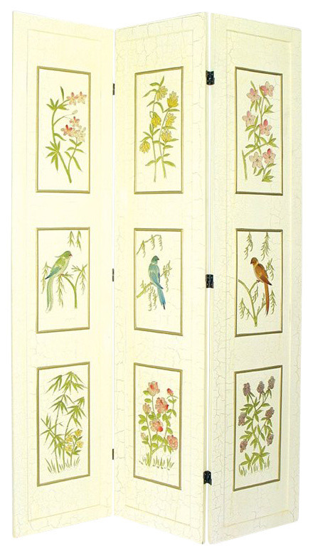 Wayborn 3 Panel Crackle Birds and Bamboo Room Divider