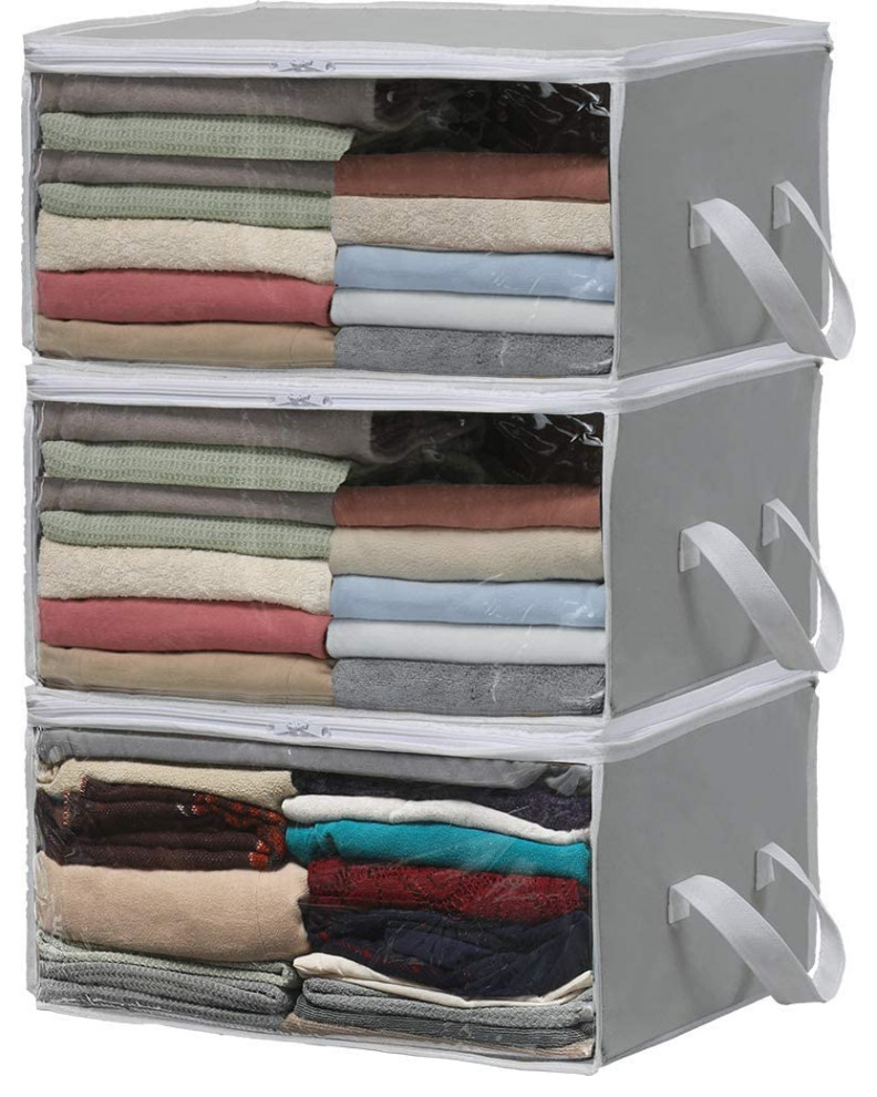3 Pack Foldable Closet Organizer Clothing Storage Box with Clear Window, Grey