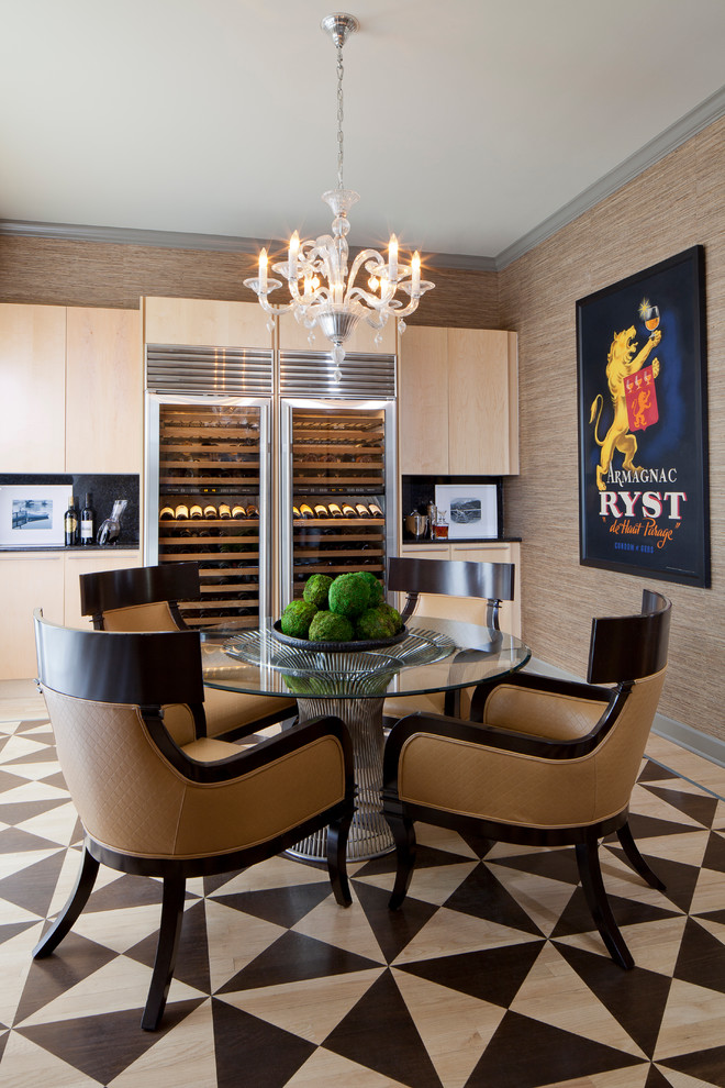 Photo of a contemporary wine cellar in Chicago with light hardwood floors, display racks and multi-coloured floor.