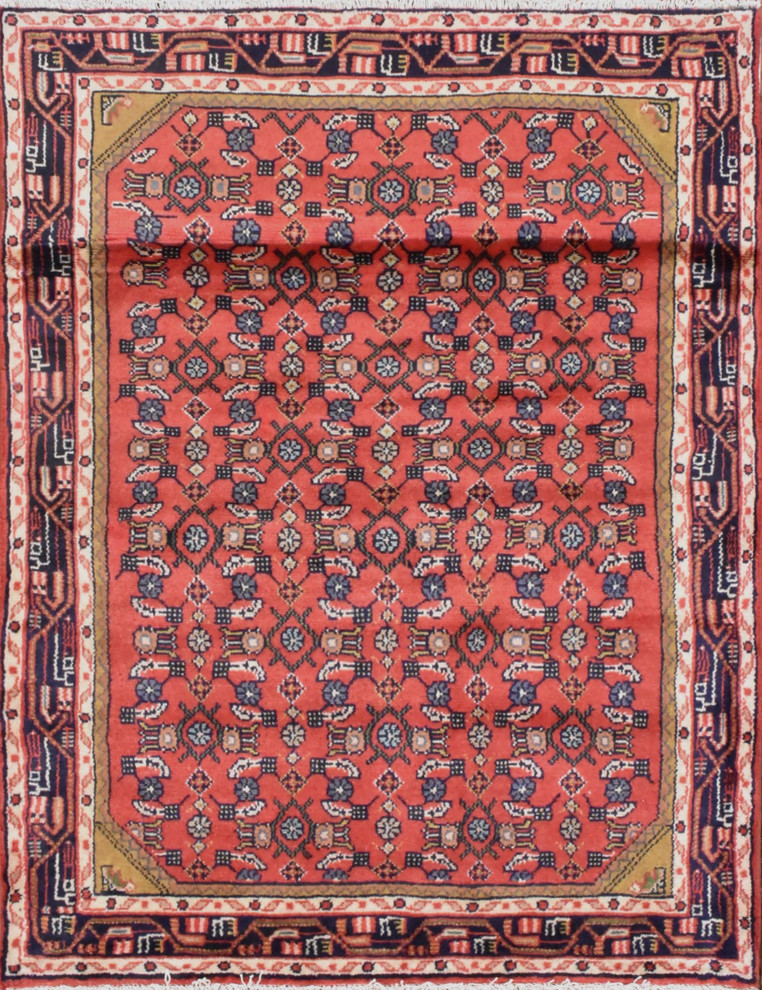 Consigned, Authentic Persian Hamadan Rug, Red/Blue, 3'4"x4'4"