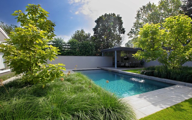 Moderne tuin met luxe veranda en zwembad en siergrassen Contemporary