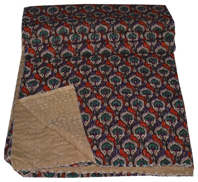 Indian Handmade Queen Cotton Kantha Quilt Peacock Design Kantha Quilt Contemporary Quilts
